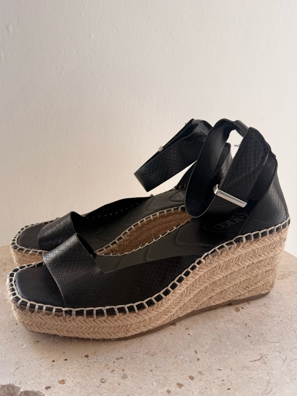 Franco Sarto Black Espadrille Wedge Sandals with Ankle Wrap